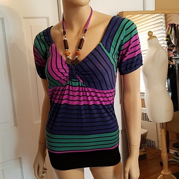 Multi Colored Striped Top w/ Beaded Halter - Picture 1 of 7